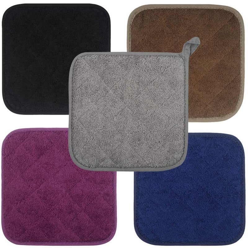 lifaith 100% Cotton Kitchen Everyday Basic Terry Pot Holder Heat Resistant Coaster Potholder for Cooking and Baking Set of 5 (Multi Color 2, Potholder) - Image 2